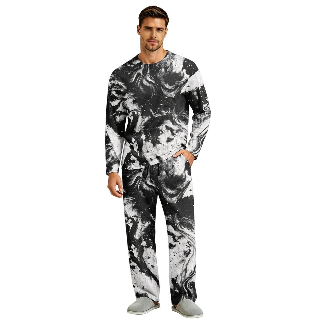 Men's Pajama Set Long Sleeve Top and Long Pants with Button Crotch and Elastic Drawstring Waist for Home Loungewear