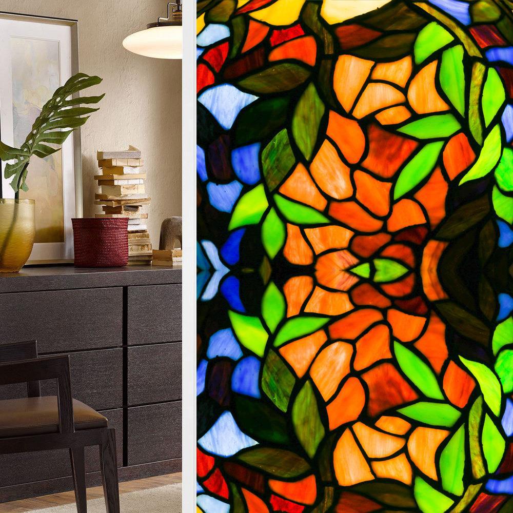 Colorful Retro Flower & Bird PVC Static Cling Removable Window Film