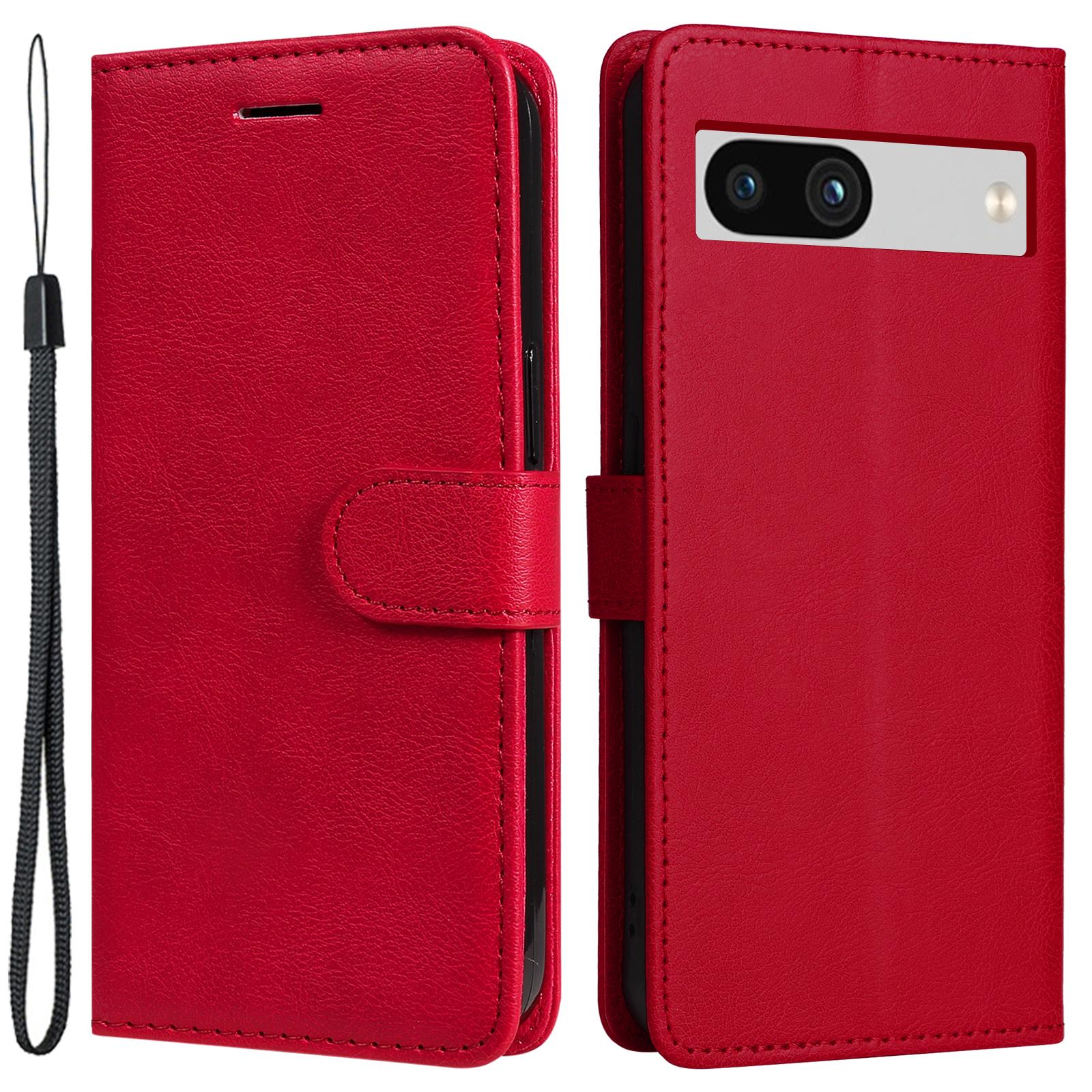 

For Google Pixel 7a Case Solid Color Leather Mobile Cover Wallet Stand with Strap Red