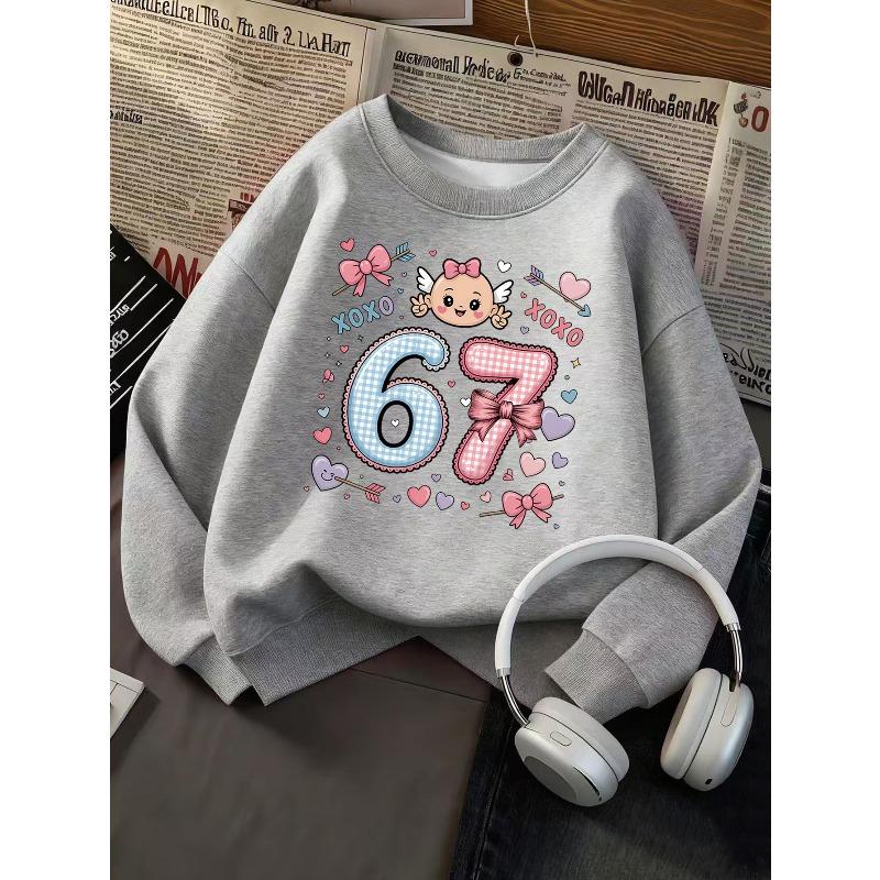 Kids Girls Crewneck Sweatshirt, Plaid Bow Baby Angel Heart XOXO Number 67 Print Pullover, Cute Birthday Sweatshirt For Kids Over 4 Years Old