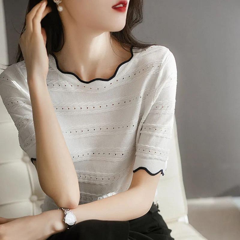 Korean Contrasting Hollow Lace Collar Spring Summer New Thin Knitted Short Sleeved T-shirt All Match Top for Women
