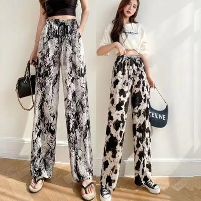 New Ice Silk Wide-leg Pants with Pockets, Women's Summer Drape Rope Loose Printing Straight Casual Pants, Mosquito-proof