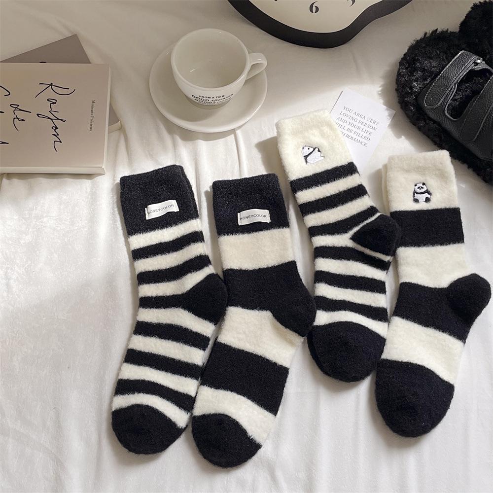 Australian Velvet Mink Velvet Warm Cotton Women'S Socks Thickened Warm Black And White Panda Cloth Label Women'S Medium Tube Socks Home Socks