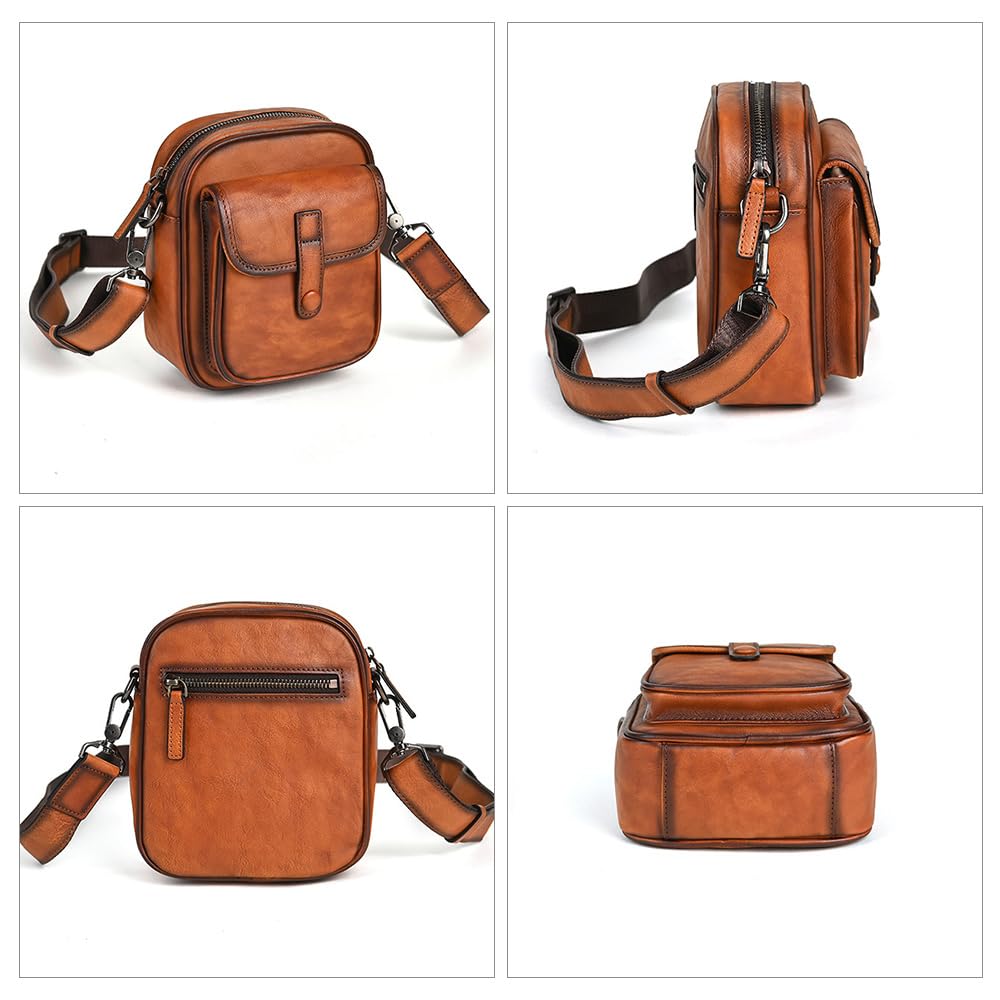 Whatna Antique-Style Tanned Natural Cowhide Leather Crossbody Bag for Men, One-Shoulder Chest Bag with Thick Leather Shoulder Strap for Commuting,