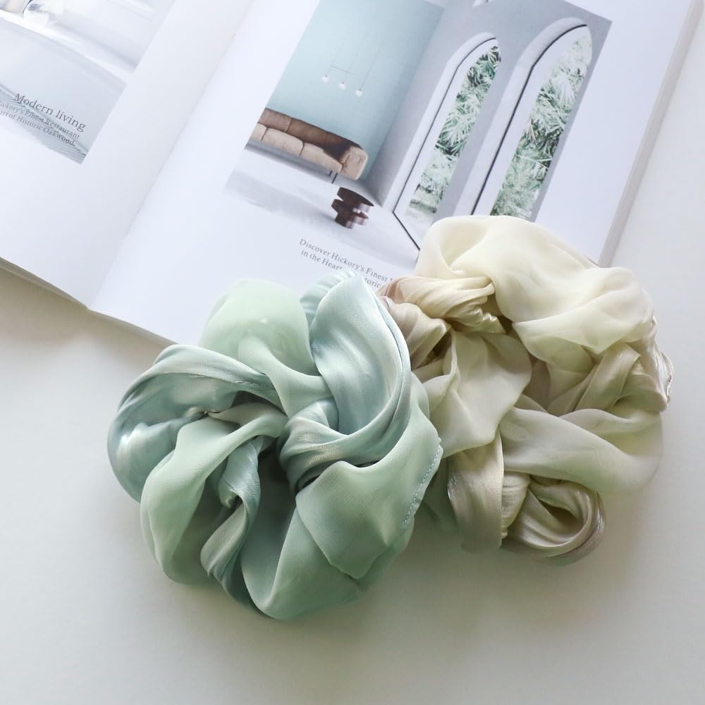 JewelVOX Scrunchie Hair Accessory for Black and Adult Size Women, Two-Tone, Large, Chiffon, White, (Gray)