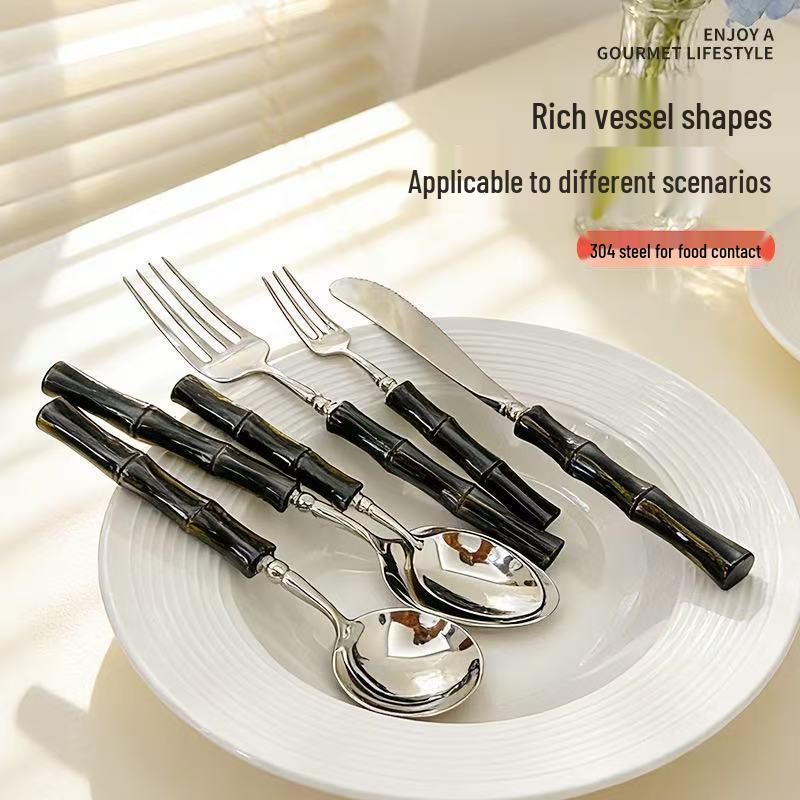 304 Stainless Steel Gold Cutlery Set with Violet Acrylic Bamboo Joint Handles: Includes Knife, Fork, and Spoon for Hotel Light Luxury Use.