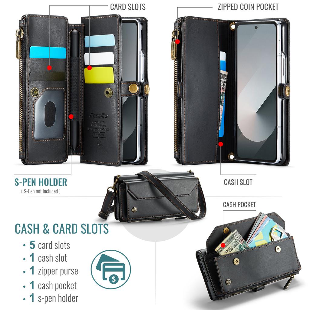 Custodia Per Samsung Galaxy Z Fold 7 6 5 4 Cinturino in Pelle PU Cerniera Porta Carte Portafoglio Telefono Custodia