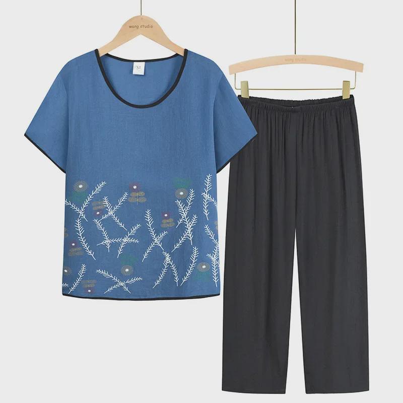 Seturi de vară din bumbac și in, din două piese, pentru femei cu vârsta între 60-70 de ani - Mânecă scurtă