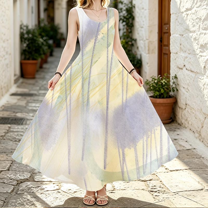 Loose Vacation Maxi Dress,Modern Brush Stroke Abstract Gradient Pattern Sleeveless Sundress