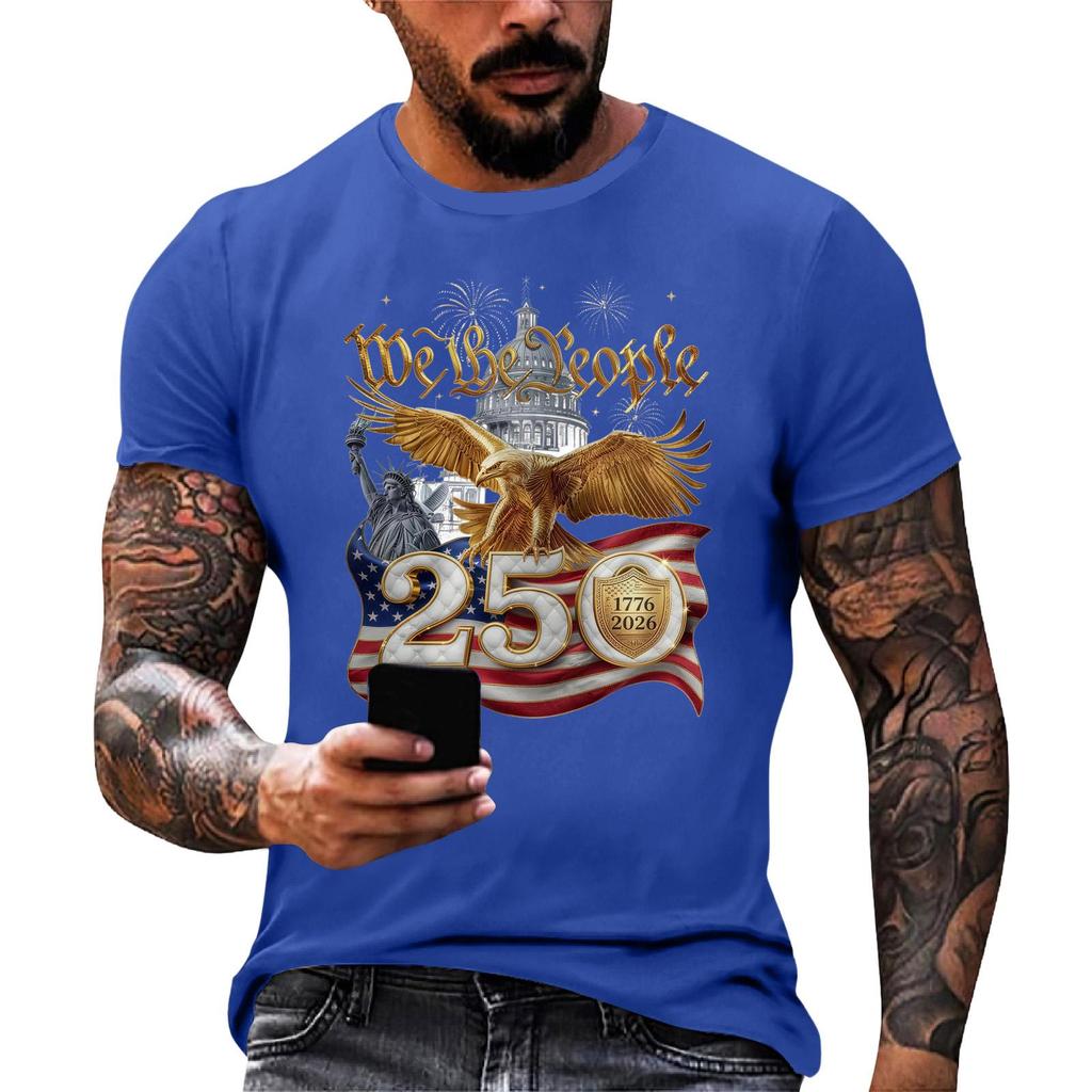 Men's Casual Short Sleeve T Shirt Flag Print Graphic Tee Comfortable Fit Crew Neck Lightweight Fabric