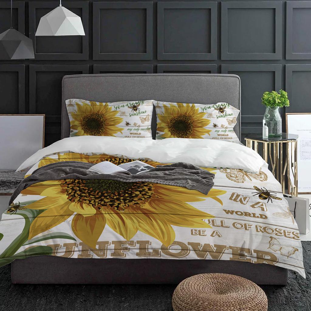 Sunflower Bee Butterfly Wood Board Duvet Cover With Pillow Case Custom 3pcs Bedding Set Quilt Cover Double Bed Home Textile