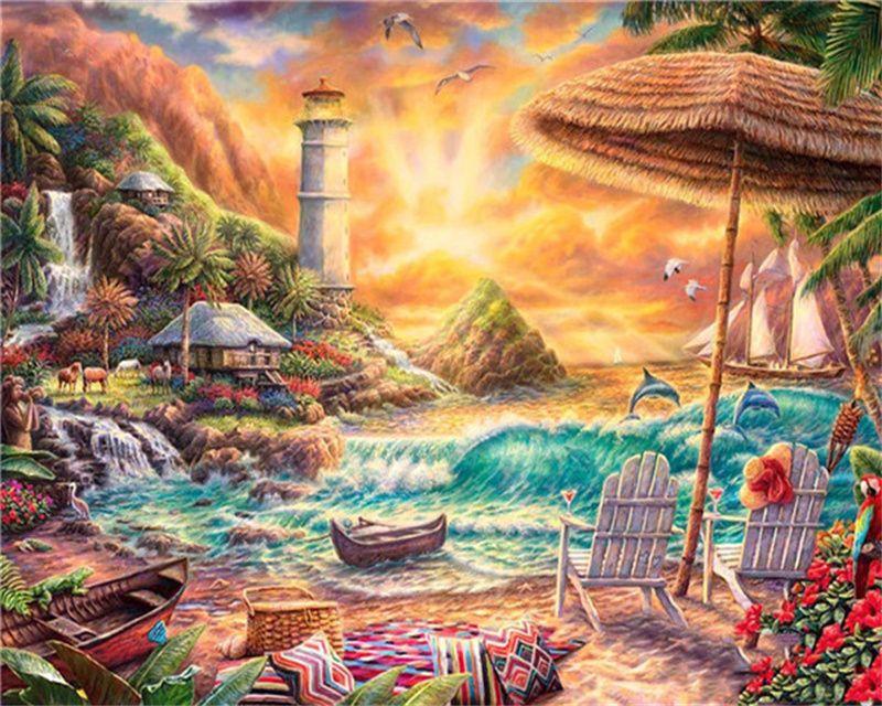 

RUOPOTY картина по номерам городской пейзаж DIY рамка акриловая ручная роспись настенная живопись по номерам закат для гостиной 40x50cm NO Frame