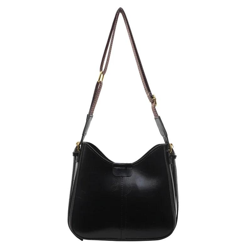 Zipper PU Monochromatic Crossbody Bag for Women advanced retro texture wide strap bucket shoulder bag large capacity new popular