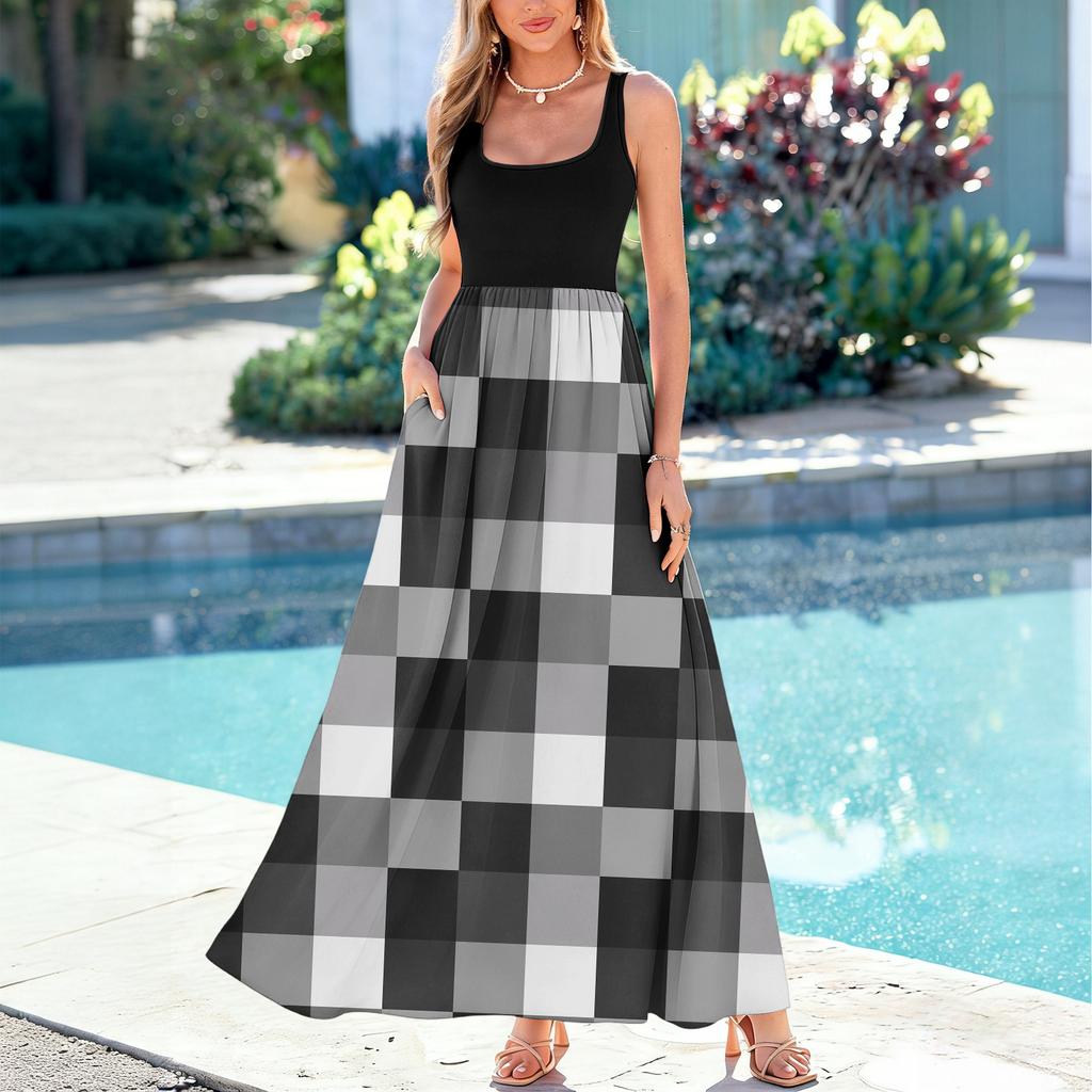Ladies' Plaid Printed Summer Casual and Fashionable Sleeveless Long Dress
