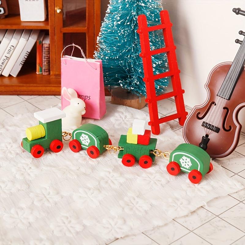 Mini Wooden Xmas Train Set for Dollhouse Pretend Play Adorable Vintage Style Train Toy with Snow Print for Christmas Decor