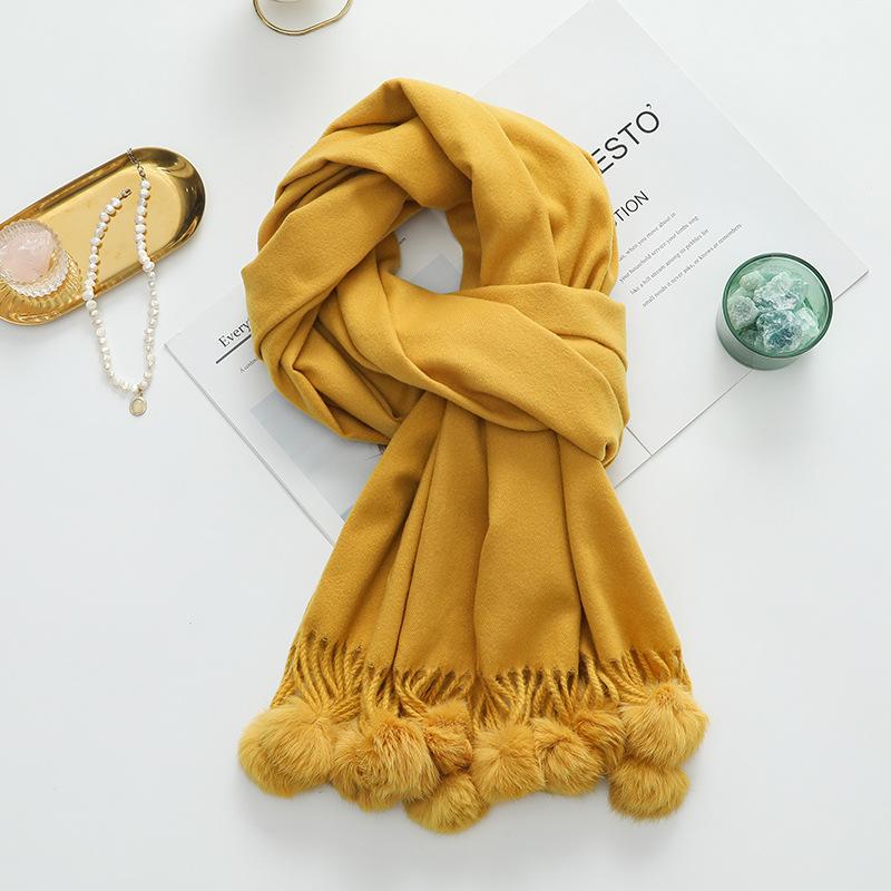 Cashmere Wool Scarf Women's Autumn and Winter High End Solid Color Ball Scarf Versatile Shawl Wool Ball Imitation Cashmere Scarf