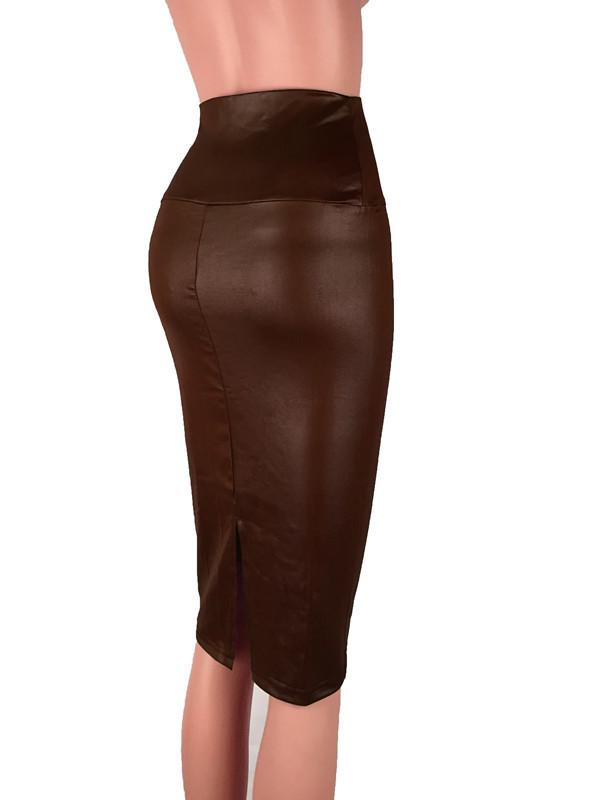 European & American Matte Faux Leather High Waist Knee-Length Bodycon Skirt for Women