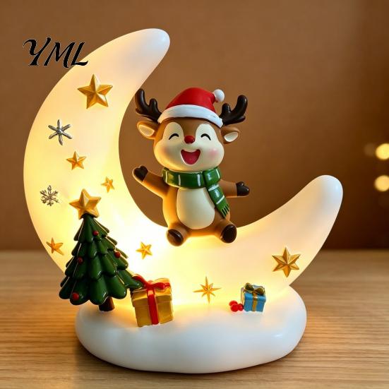 Holiday Party Supplies Christmas Moon Night Light with Santa Claus, Resin Decoration Warm LED Atmosphere Lighting Glow, Tabletop Ornament for