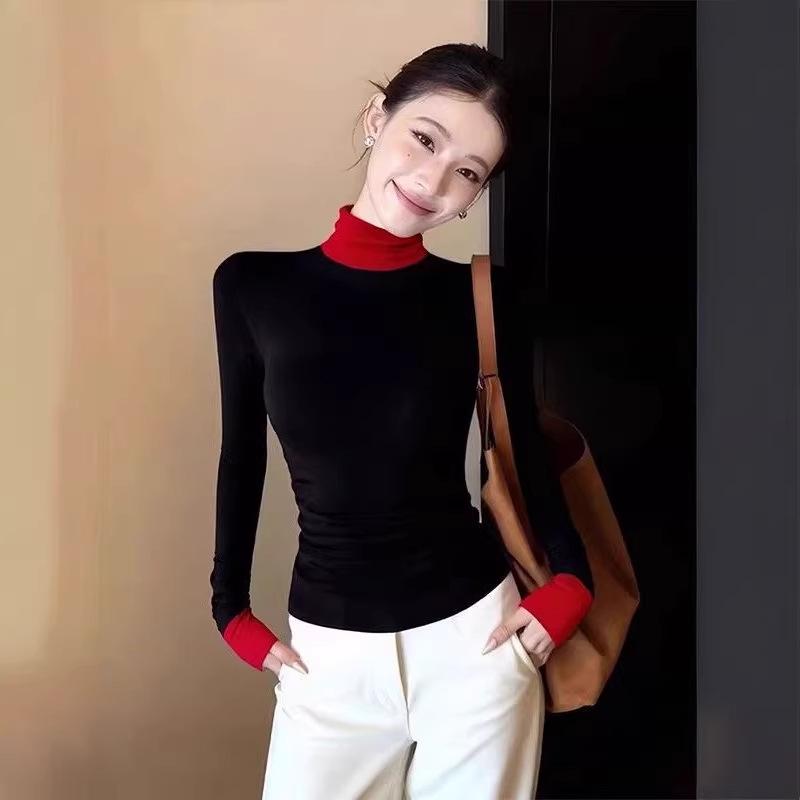 

Women s Korean-Style Contrast Color High Neck Long Sleeve Slim Fit Top for Autumn/Winter Large чорний