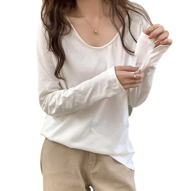 White T-shirt Women's Long-sleeved Spring New Inner Layering Shirt Round Neck Loose Versatile Versatile Exposed Collarbone U-neck Top