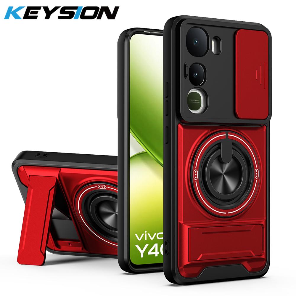 KEYSION Magnetic Phone Case for IQOO Z10 Lite Slide Camera Protection Upright Kickstand Ring Shockproof Cover for IQOO Z10 Lite
