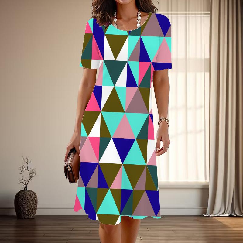 

Женская мода изящный ромбовидный узор с принтом сетки лето весна короткий рукав О-образный вырез повседневные платья 8XL розовый