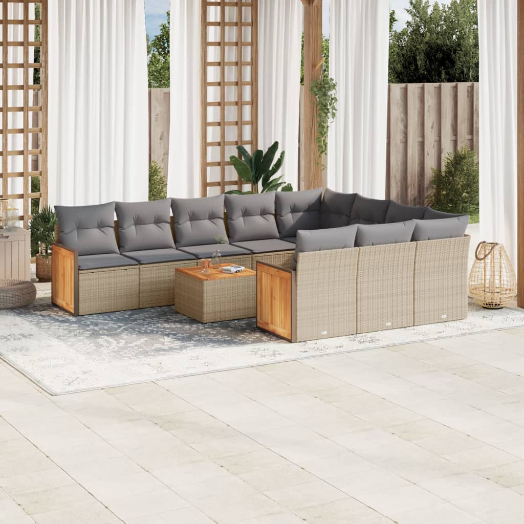 Vidaxl 11-Cz. Garden Furniture Set With Cushions, Beige, Poly Rattan