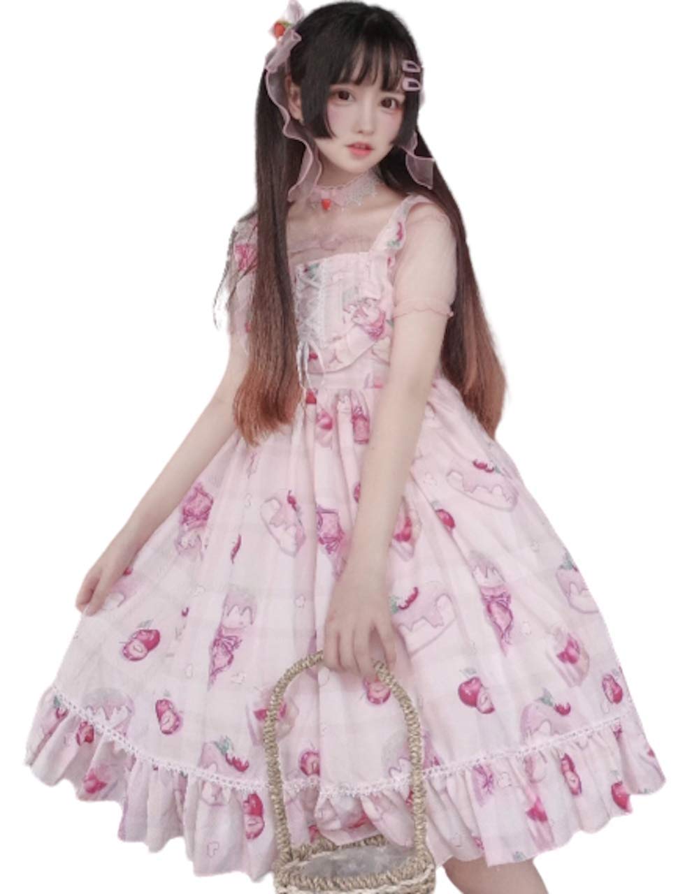 

Lady Lazy Lolita Dress, Cosplay, Knee-Length Jumper Skirt with Sweets Pattern (Pink)