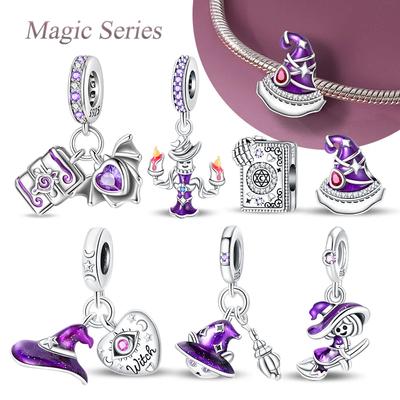 New Copper Purple Flying Witch Hat & Magic Book Stylish Charms Beads Fits Original Bracelet Jewelry Diy Halloween Charm For Women Gifts