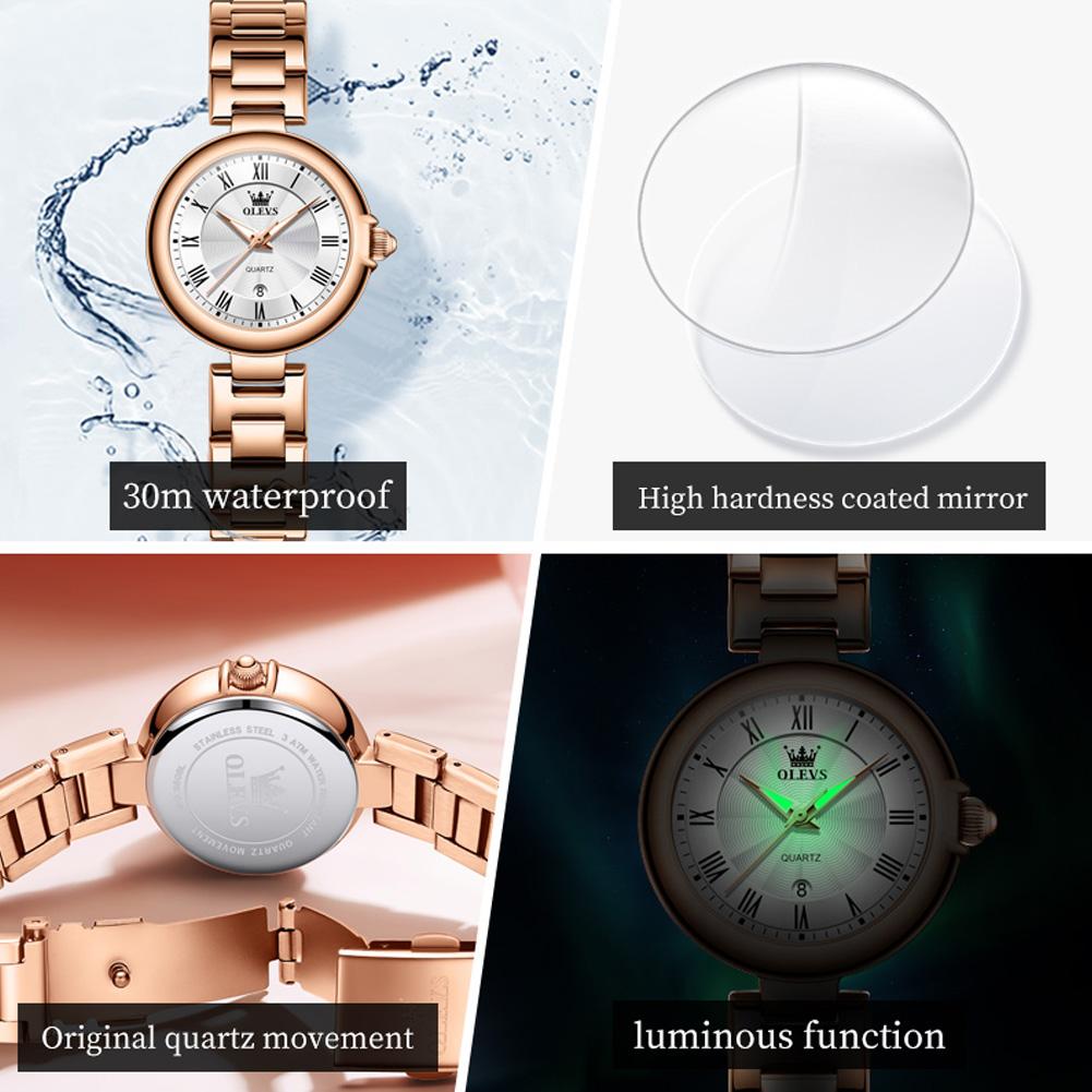 OLEVS Women Quartz Watch Fashion Rose Gold Stainless Steel Strap Waterproof Analog Wristwatch with Calendar Reloj Hombre
