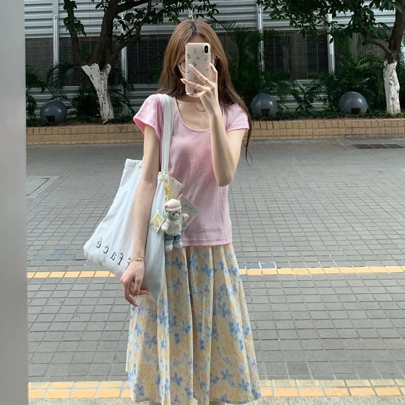 Floral skirt women s summer new small Japanese sweet high waist thin medium and long fluffy A-shaped skirt S