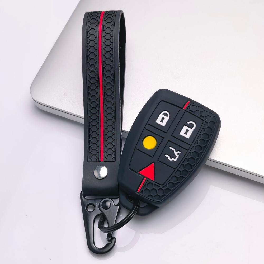 Silicone Key Fob Cover with Keychain for Volvo XC90 XC70 XC60 S80 S60 V70 V50 C30 This Soft Protective Key Case Fits 5 Button Smart Remote Keys It