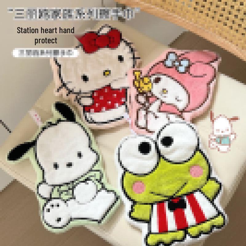 KT Cat Cartoon Children's Coral Fleece Hand Towel - Cute, Hanging, Double Layer, Thick, Absorbent, and Soft.