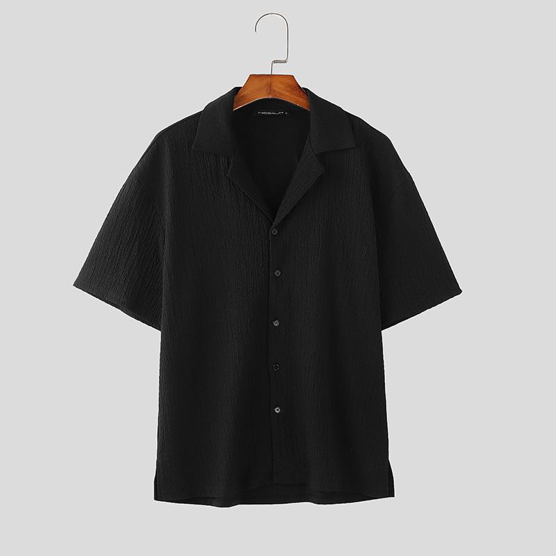 

INCERUN Summer Men Lapel V Neck Short Sleeve Buttons Casual Loose Shirts Tops S чёрный