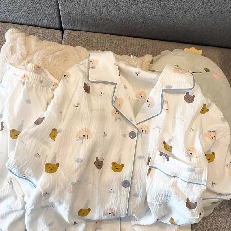 2 PIÈCES Pyjama Vêtements de Nuit Décontracté Ensemble Pyjama Manches Courtes Short Costume Imprimé Chien et Chat Doux Confort Vêtements de Maison Loisirs