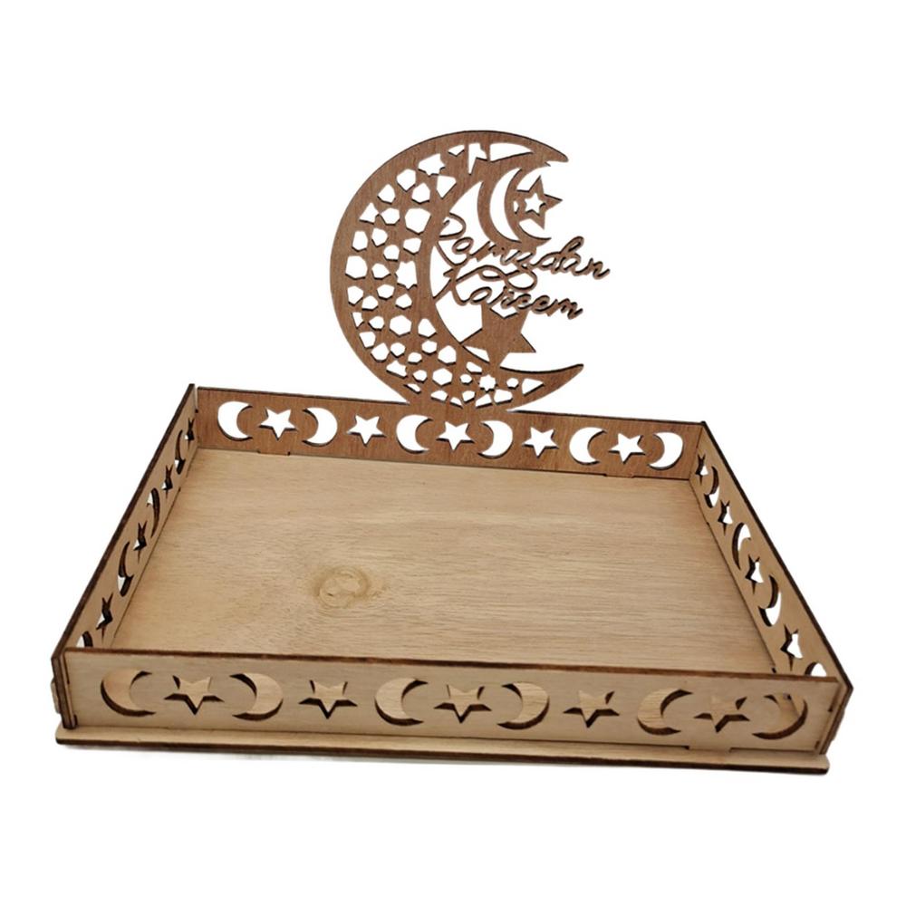 Classic Moon Star Mosque Wooden Eid Food Tray Dessert Fruit Cake Tray Table Decoration For Home Islamic Party Decor Eid Gifts