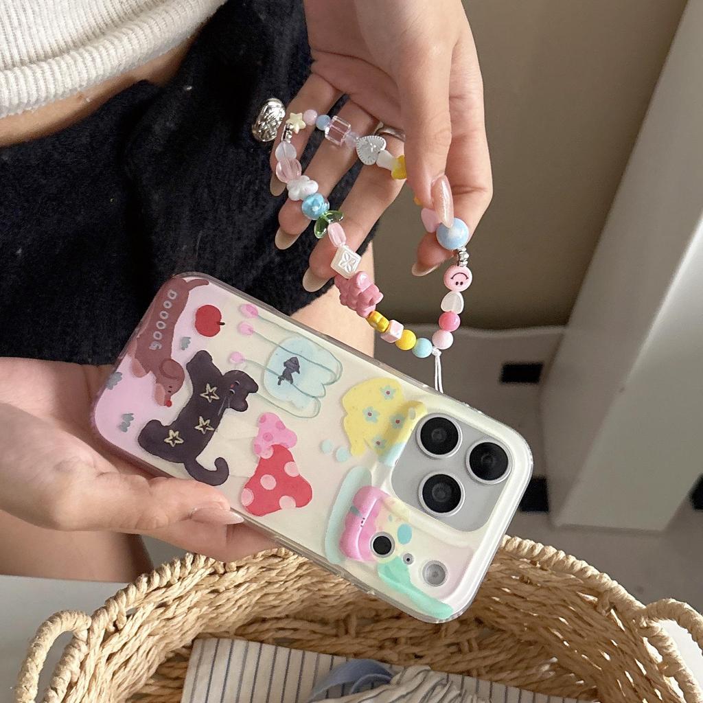 Hobby Ins Oil Painting Cute Mushroom and Black Cat iPhone Case for 17 Pro Max/16/17/Apple 15