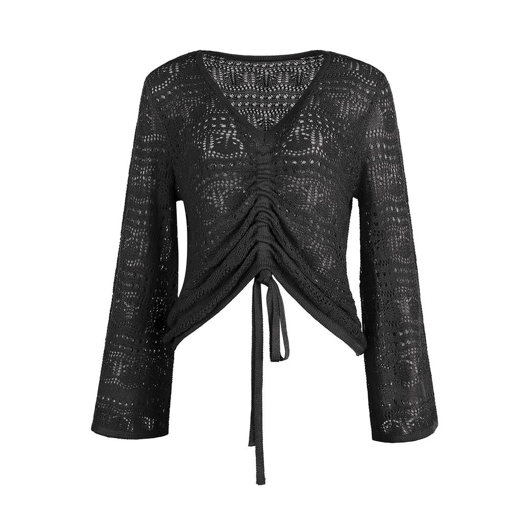 Women's Fashion Knitted V-Neck Hollowed Out Drawstring Flared Sleeve Jumper