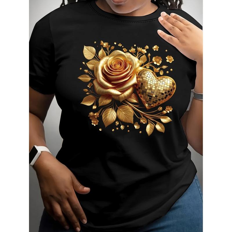 European Size Women'S Floral Geometric Print T-Shirt - Golden Rose Leaf Design On, Short Sleeve Crew Neck Casual Top, Lightweight Breathable