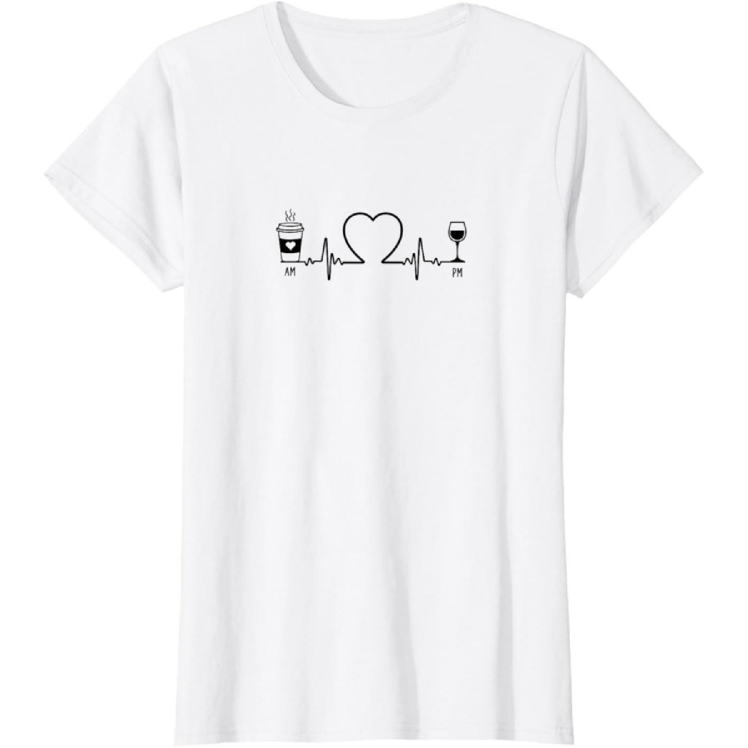 Womens Heartbeat Coffee AM Wine PM, Coffee Morning & Wine Evening T-Shirt S