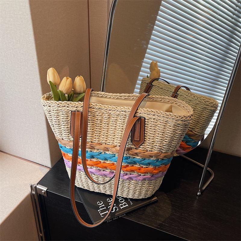Large Capacity Bag Women's New Fashion Versatile Shoulder Vegetable Basket Straw Woven Seaside Beach Bag