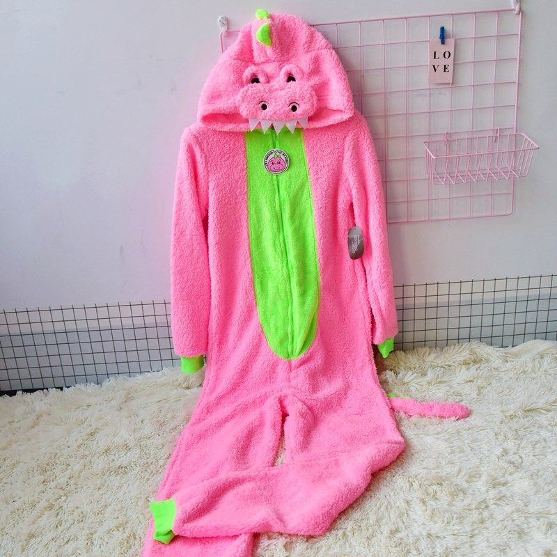 

Autumn and Winter Women s Dinosaur Lambswool Hooded Warm Pajamas Pink XXL