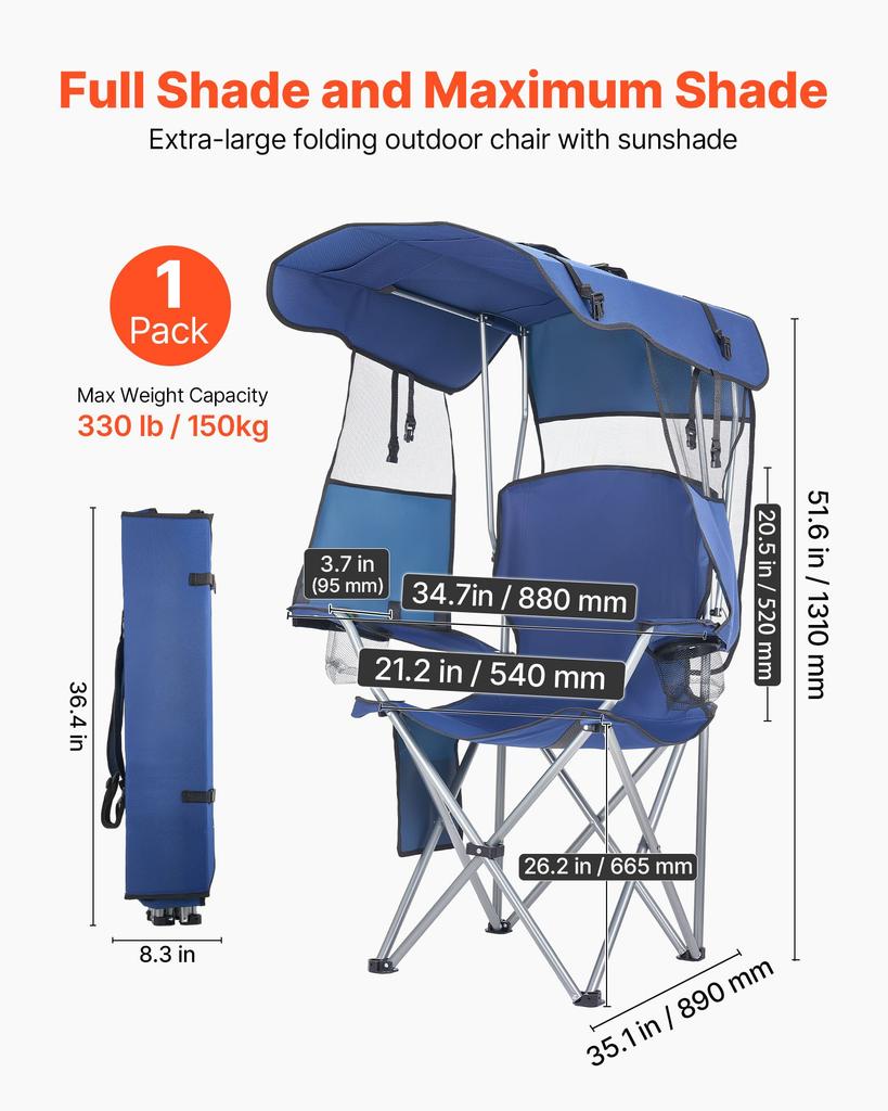 VEVOR Camping Chair with Canopy Shade, Folding Beach Chair with Canopy & Magazine Pocket, 2 Cup Holders, 150 Kg Heavy Duty Support