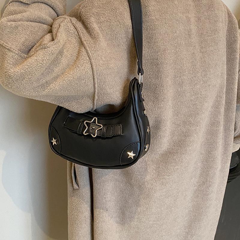 Women Shoulder Handbag Vintage Casual Hobos Denim Star Decor Solid Color Underarm Bag for Girls Ladies Purse Tote