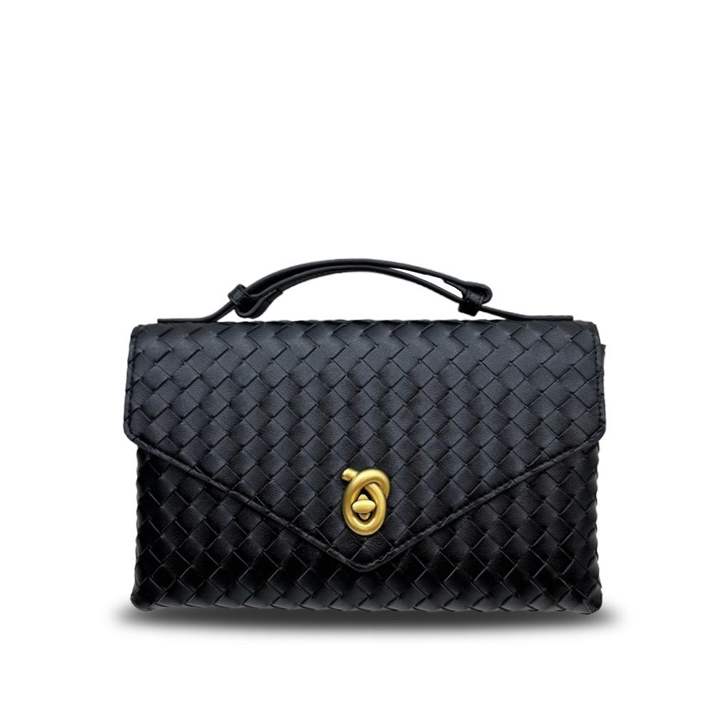 

Cross Border Новая кожаная вязаная маленькая квадратная женская сумка с модным замком и большой вместимостью, ручная сумка через плечо 28x7x17cm чёрный