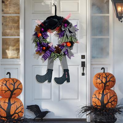 Halloween Schwarzer Kranz mit Hut Hexenbeine Kürbis Langbeinige Böse Hexe Kranz Haustürkranz Girlanden für Partydeko