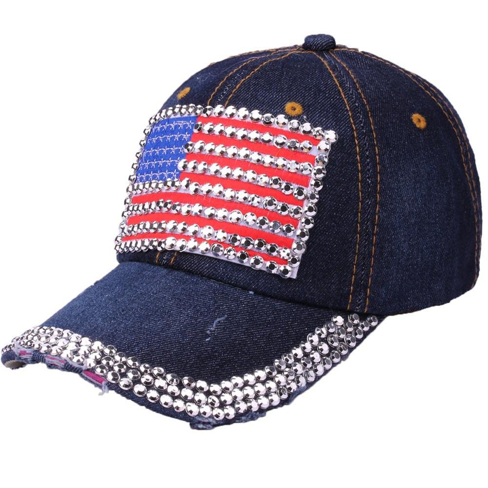 Women American Flag Rhinestone Jeans Denim Baseball Adjustable Bling Hat Cap Women American Flag Rhinestone Jeans Denim Baseball Adjustable Bling Hat Cap