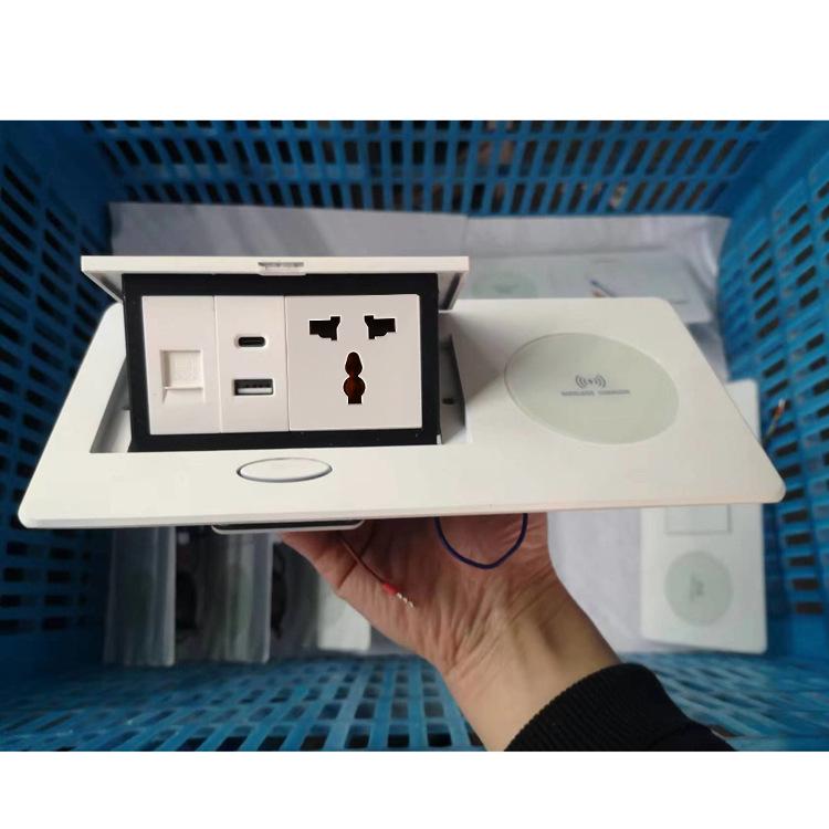 White Wireless Charging Desktop Socket with EU & UK Standards, USB-C Port, Ideal for Conference Tables