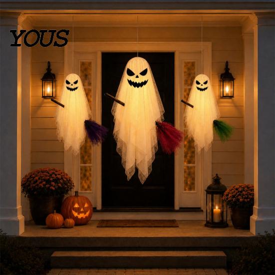 Seasonal Fabric Ghost Decor Halloween Lighted Hanging with Broom Decor, Flying Broomstick Ornaments Remote Decorative Yard Atmosphere Lights