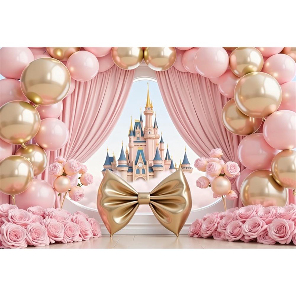 Dreamy Castle Photography Background Pink Balloon Curtain Flower Carriage Girl Birthday Bride Wedding Party Decor Photo Backdrop